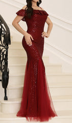 Charlee Dazzling Red Sequin Off-Shoulder Mermaid Maxi Gown
