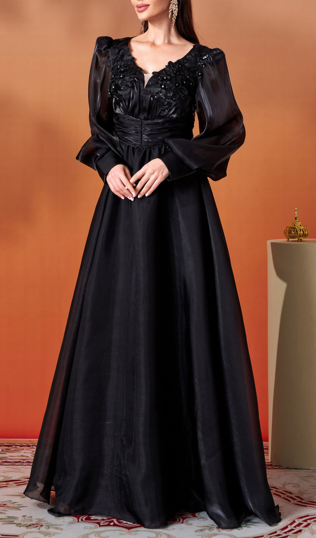 Gelilah Black Embellished Maxi Gown with Sheer Statement Sleeves