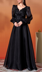 Gelilah Black Embellished Maxi Gown with Sheer Statement Sleeves