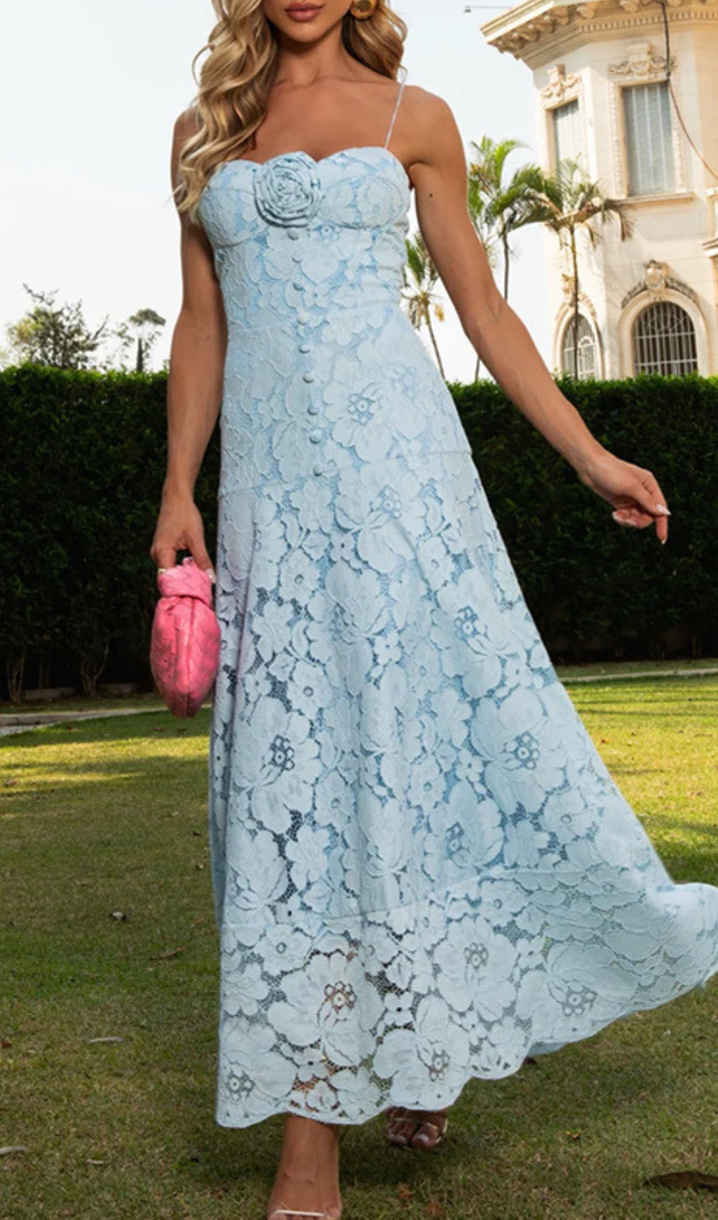 Gerry Elegant Sky Blue Floral Lace Maxi Dress