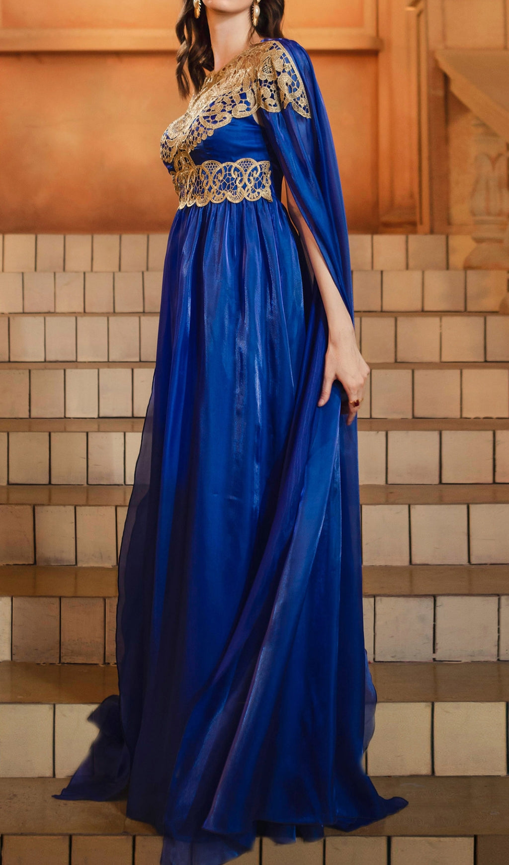 Dayana Sapphire Blue Gold Lace Maxi Gown with Ethereal Cape
