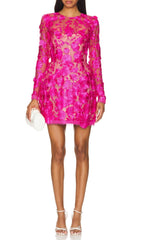 Iban Hot Pink Floral Embroidered Long Sleeve Mini Dress