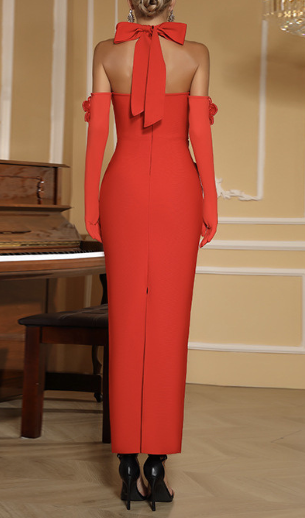 Galaxy Red Halter Gown with 3D Floral Appliques & Elegant Opera Gloves