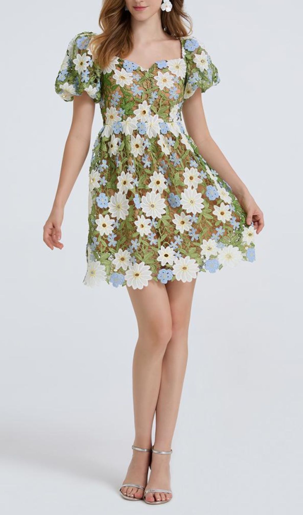 Whimsical Daisy Embroidered Puff Sleeve Mini Dress