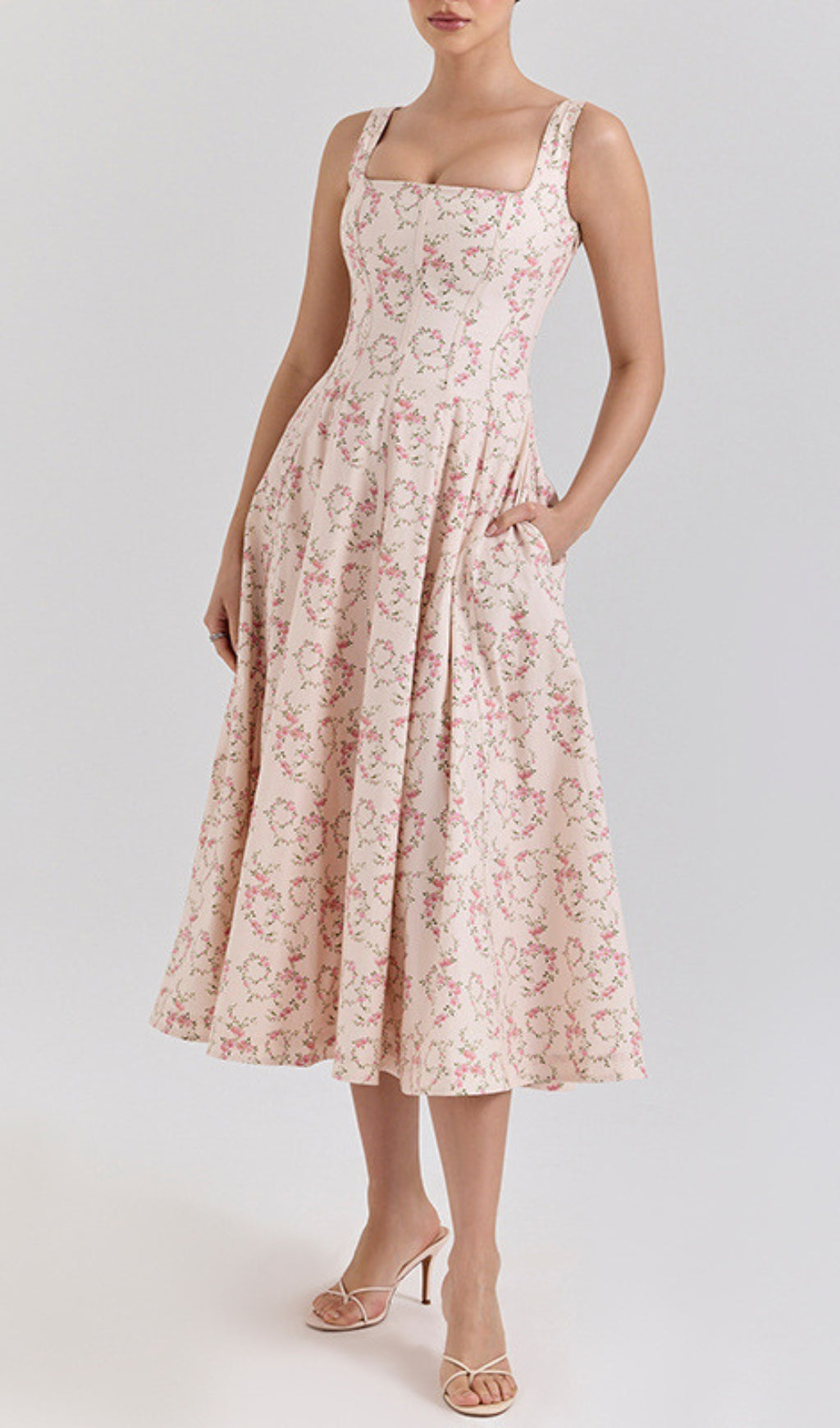 Ert Romantic Bloom Square Neck Midi Dress