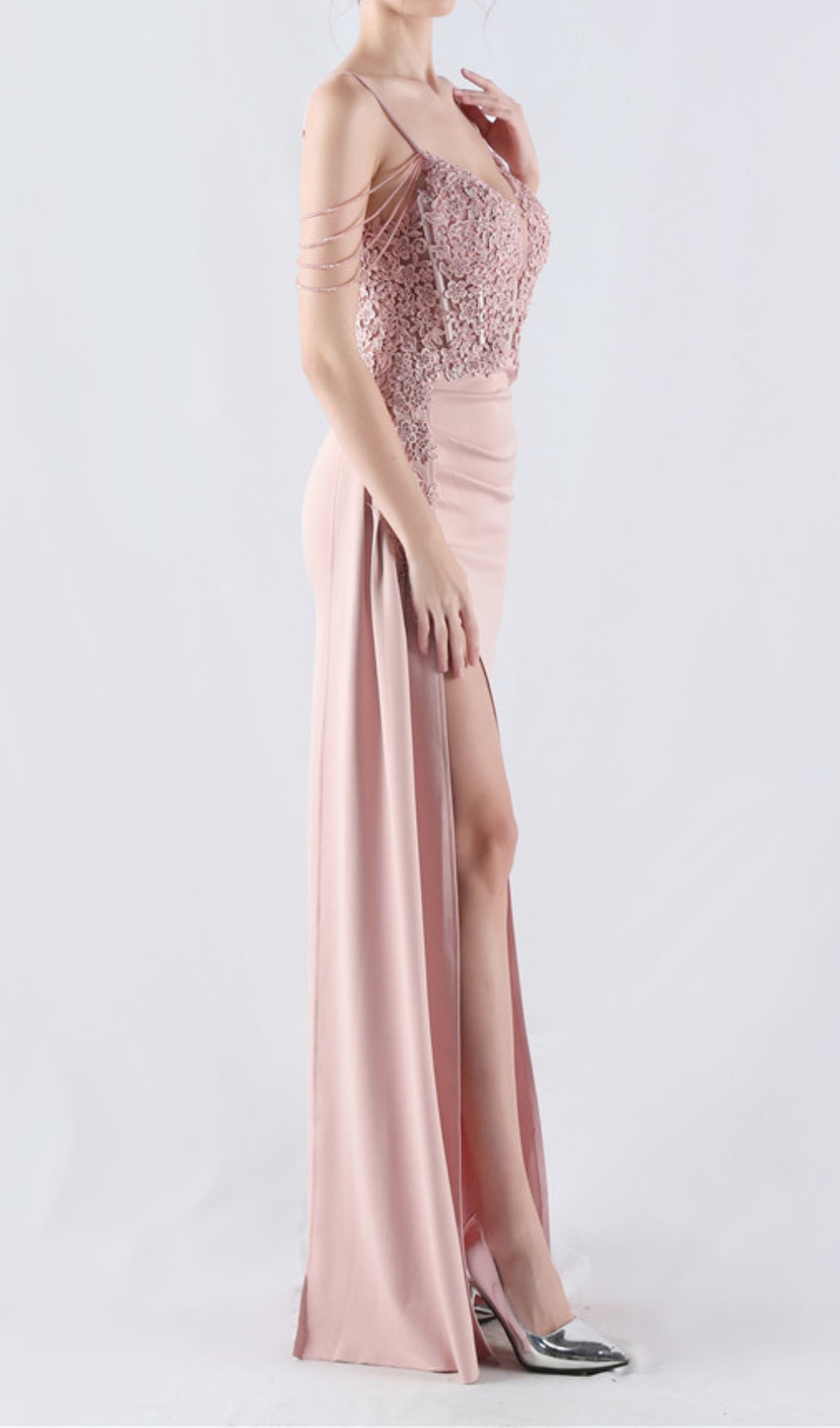 Elegant Blush Pink Beaded Corset Maxi Dress