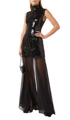 Eliana Dazzling Black Sequin & Sheer Mesh Maxi Dress