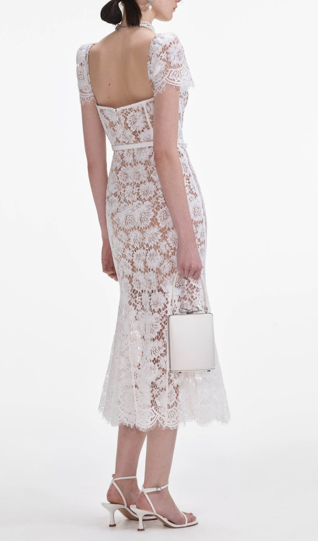 Elegant White Floral Lace Sweetheart Midi Dress with Bow Belt