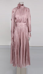 Irfan Opulent Bloom Pleated Satin Midi Dress with 3D Floral Cape