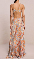 Dorisa Boho Chic Printed Pleated Backless Maxi Dress