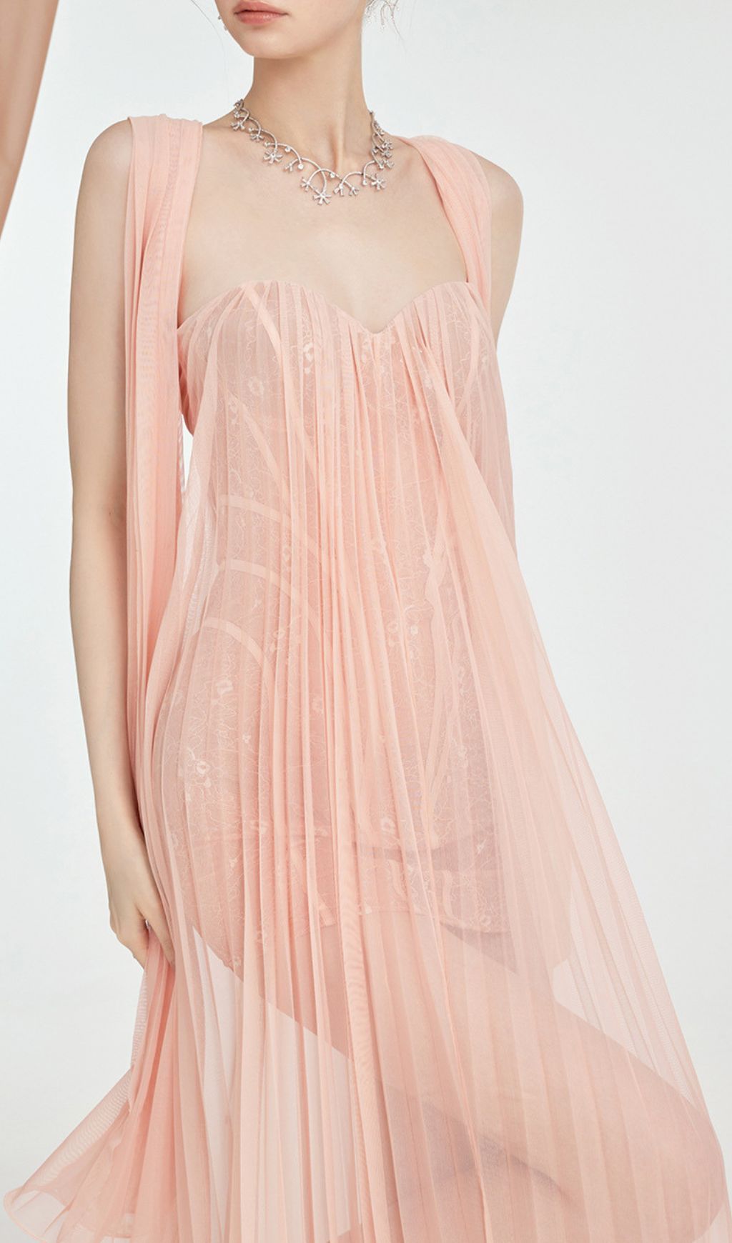 Ethereal Fintan Blush Pink Strapless Pleated Mesh Maxi Dress
