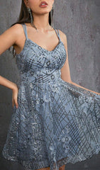 Harumi Luxe Grey Sequin & Floral Embroidery Strappy Mini Dress