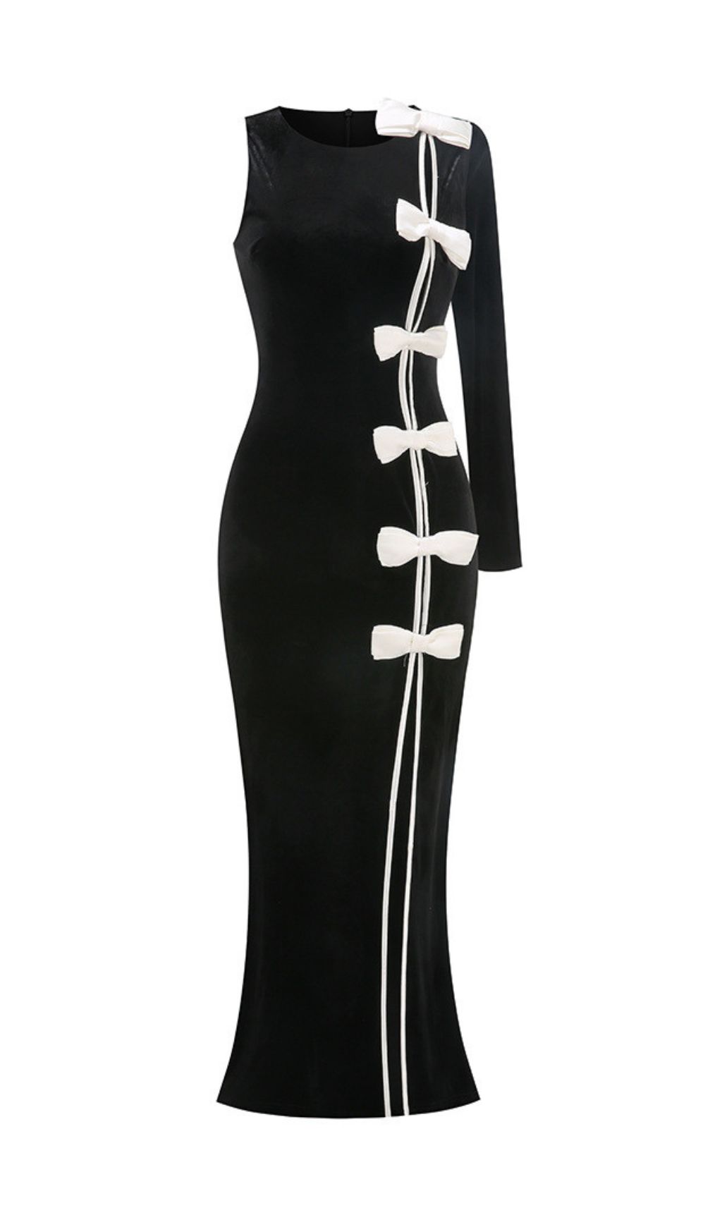 Joyce Black Velvet One-Sleeve Bow Maxi Gown