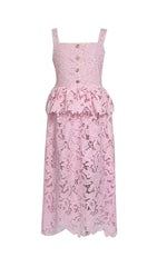 Fumito Chic Blush Pink Floral Lace Peplum Midi Dress for Women