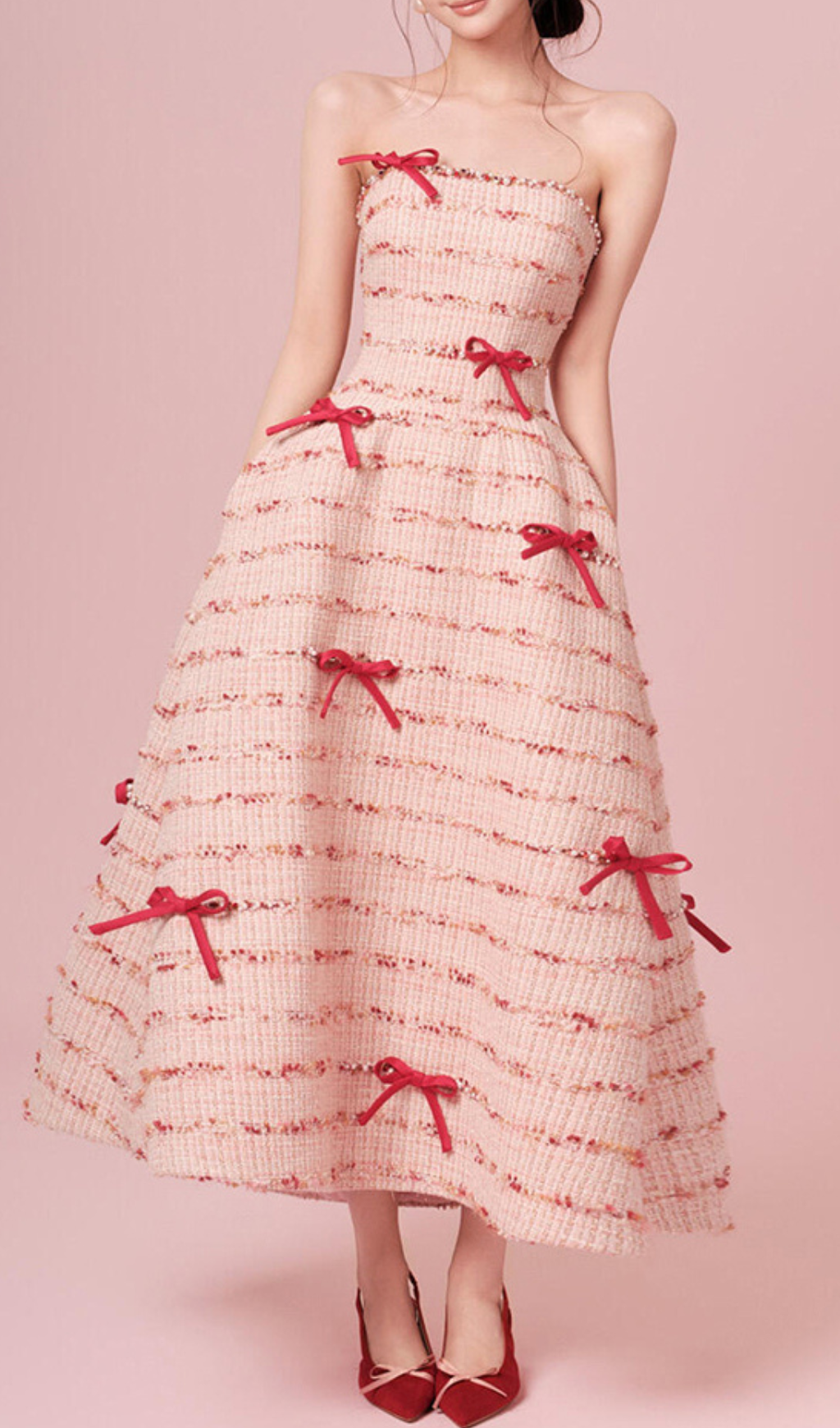 Ganya Luxe Tweed Strapless Midi Dress with Pearl & Bow Accents