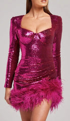 Fuchsia Sequin Feather Mini Dress