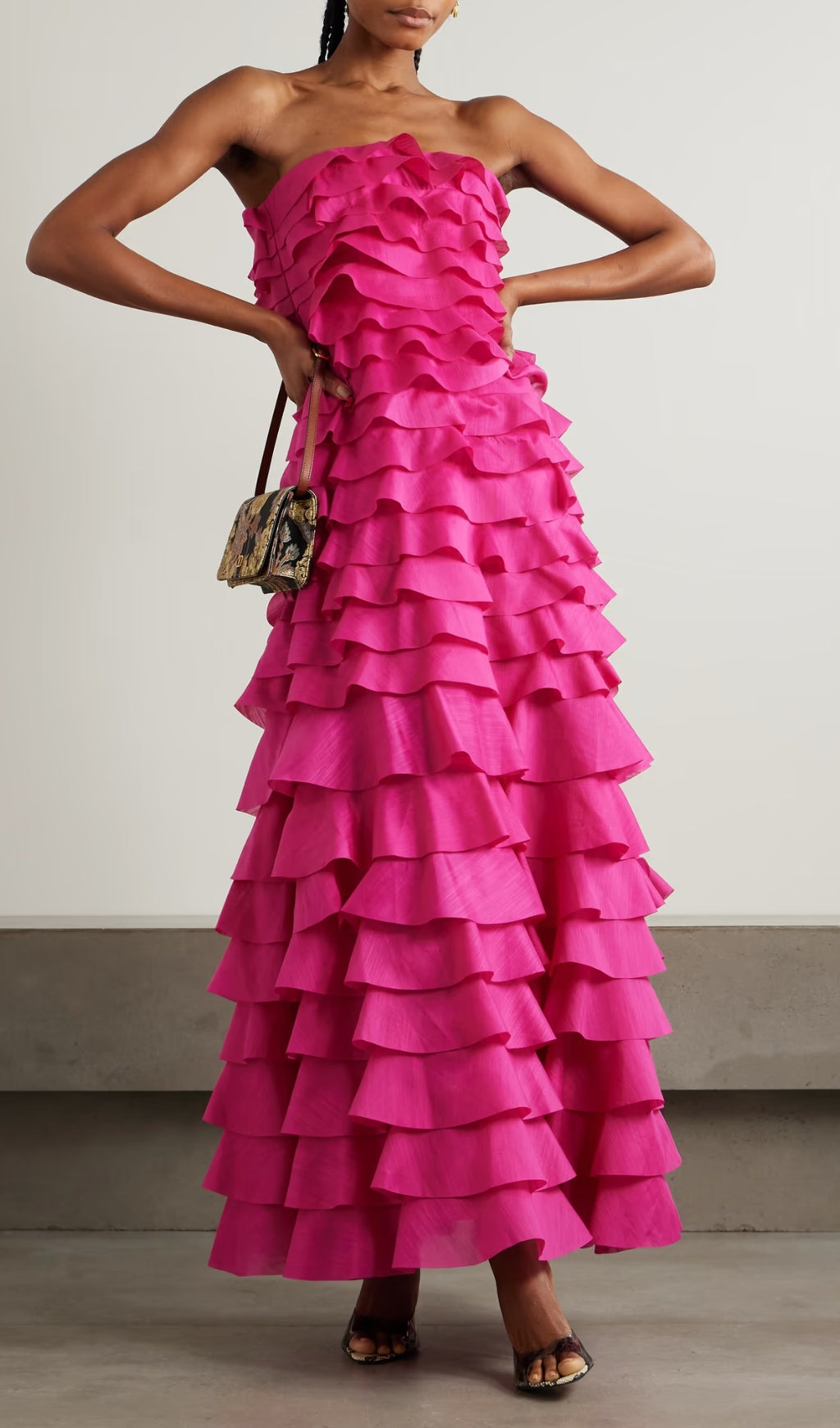 Dasani Radiant Pink Strapless Tiered Ruffle Maxi Dress