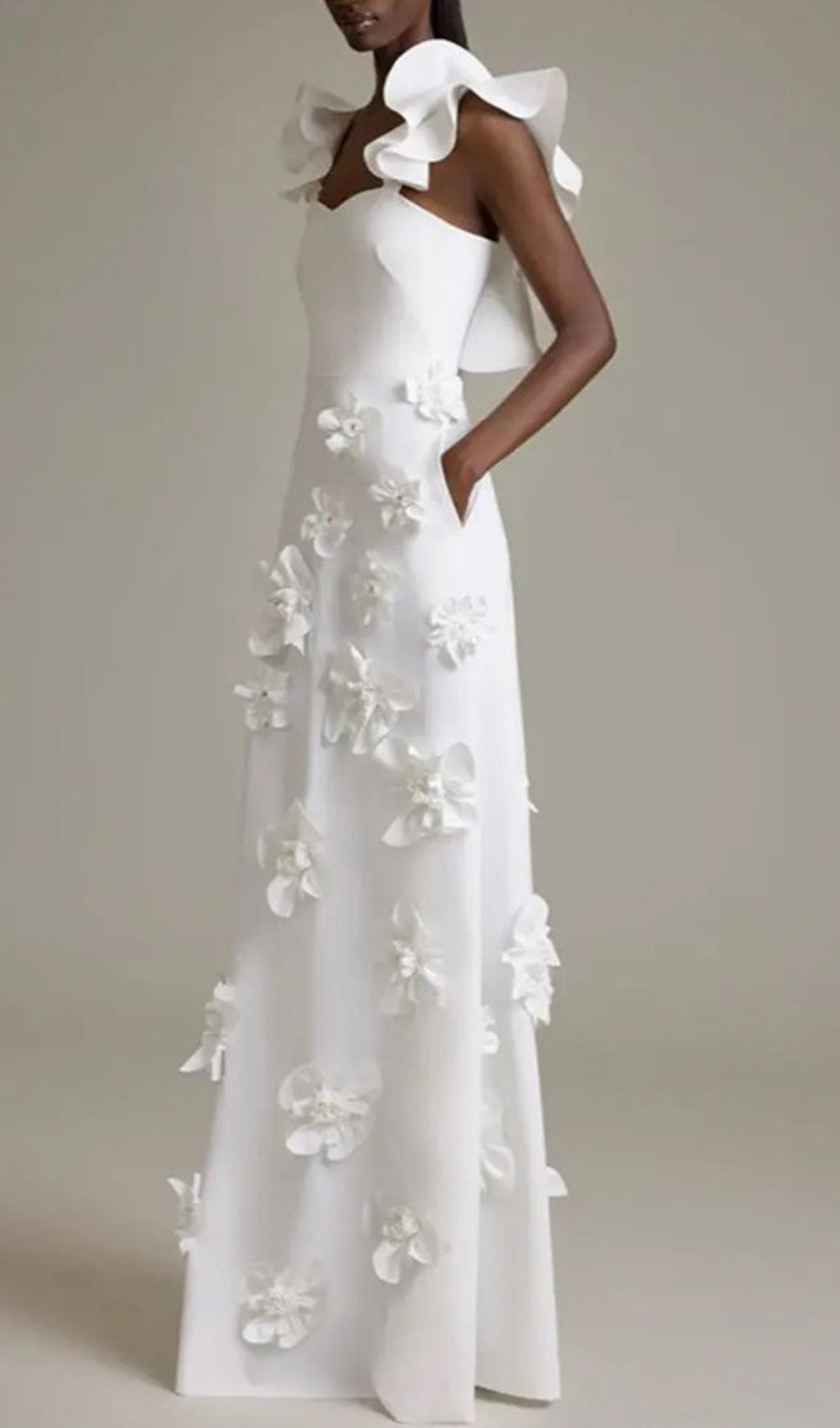 Bracha Whimsical 3D Floral Maxi Dress with Asymmetrical Ruffle & Pockets
