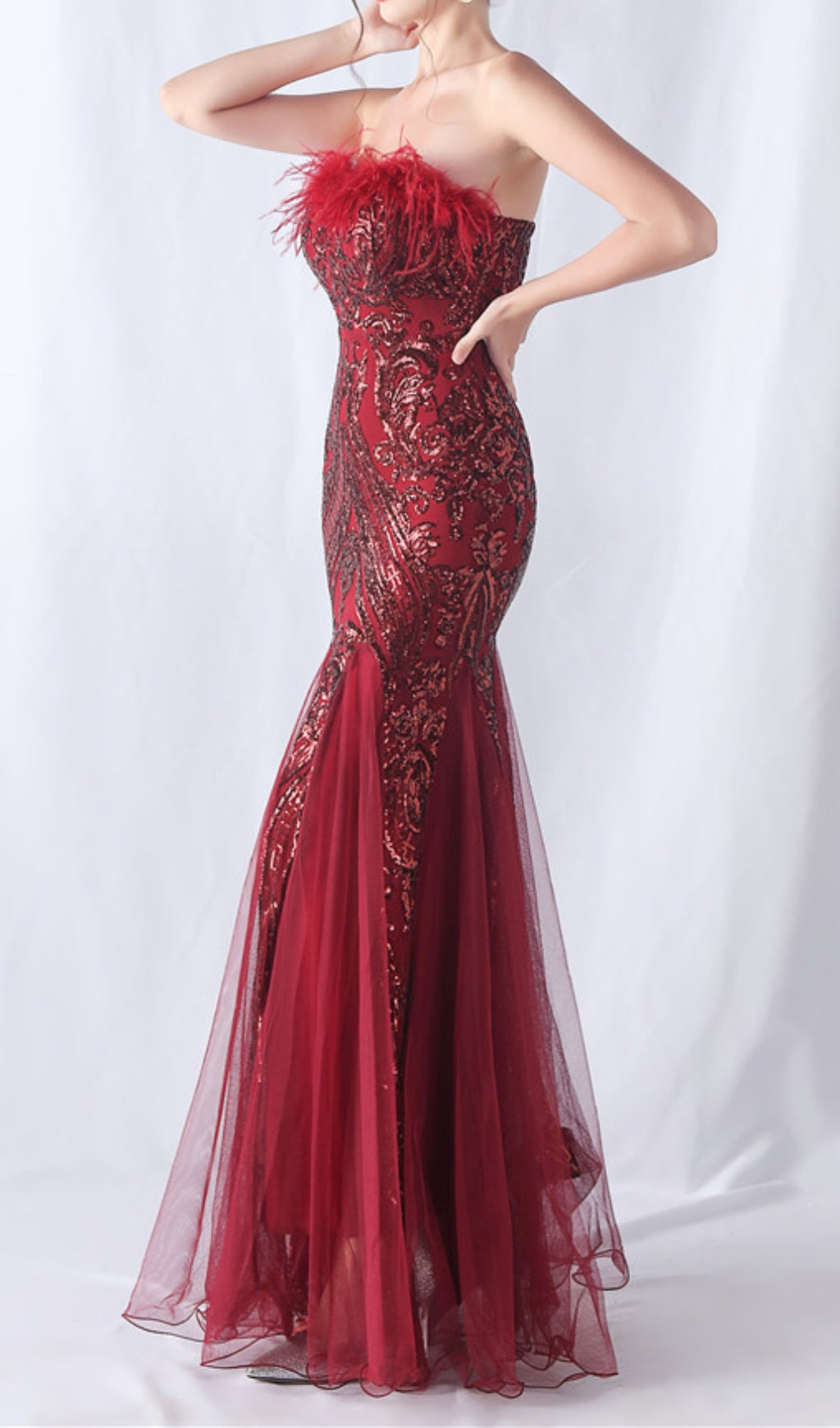 Choire Red Sequin Feather Mermaid Gown