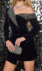 Cypriana Black Velvet Diamante Off-Shoulder Blazer Mini Dress