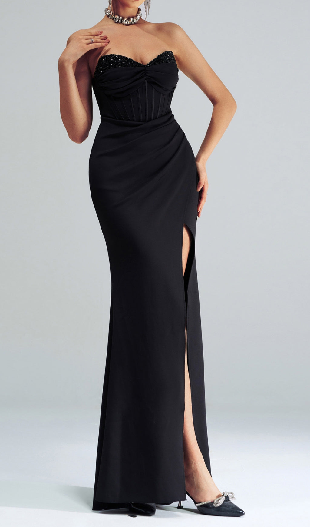 Catiche Women's Elegant Black Strapless Corset Maxi Dress with High Slit