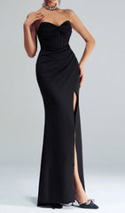 Catiche Women's Elegant Black Strapless Corset Maxi Dress with High Slit