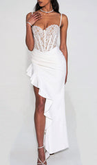 Arlette Luxe Lace Corset Asymmetric Ruffle Midi Dress