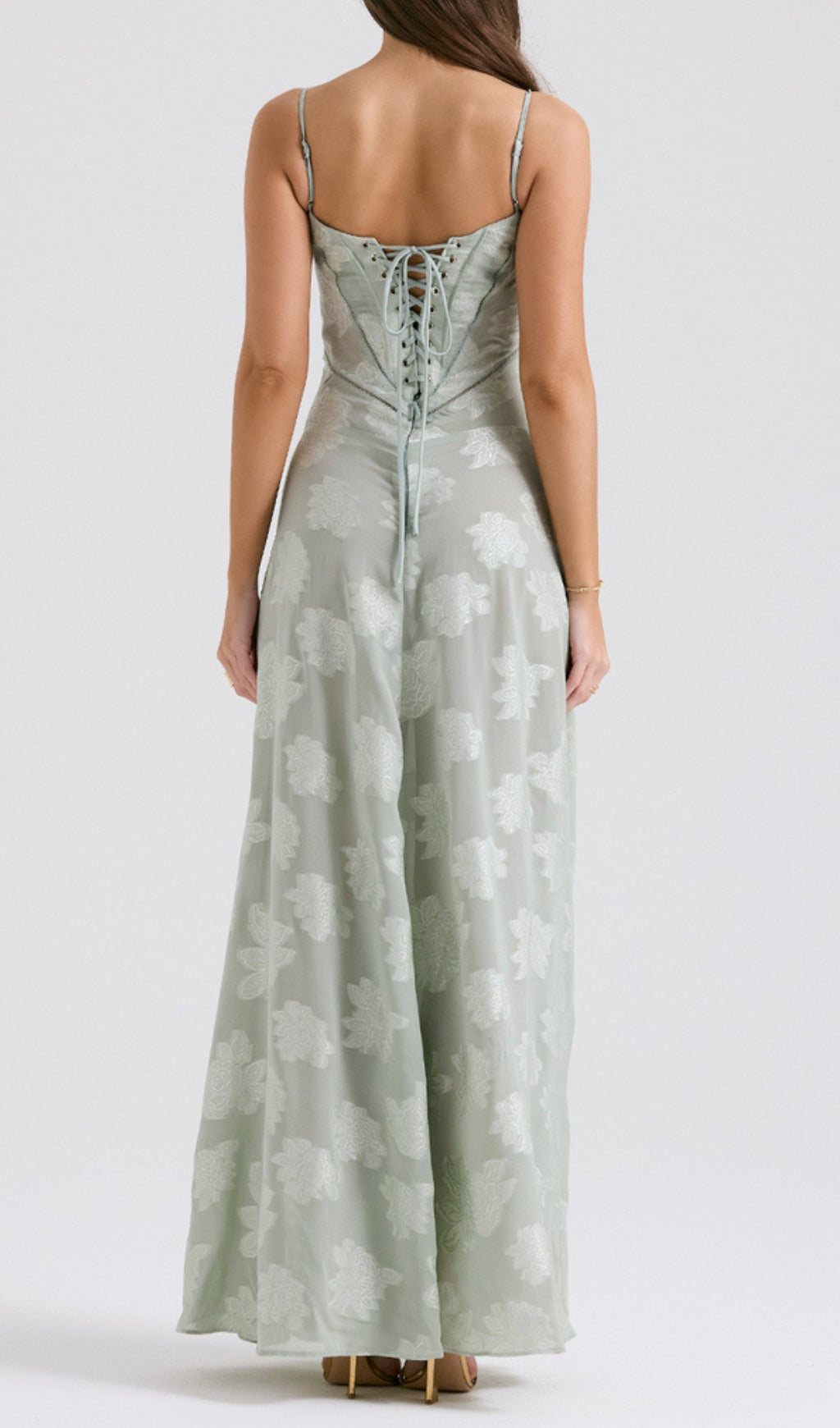 Billie Elegant Pistachio Floral Maxi Dress with Corset Lace-Up Back