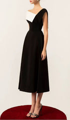 Damia Black Asymmetric Skew Collar Midi Dress