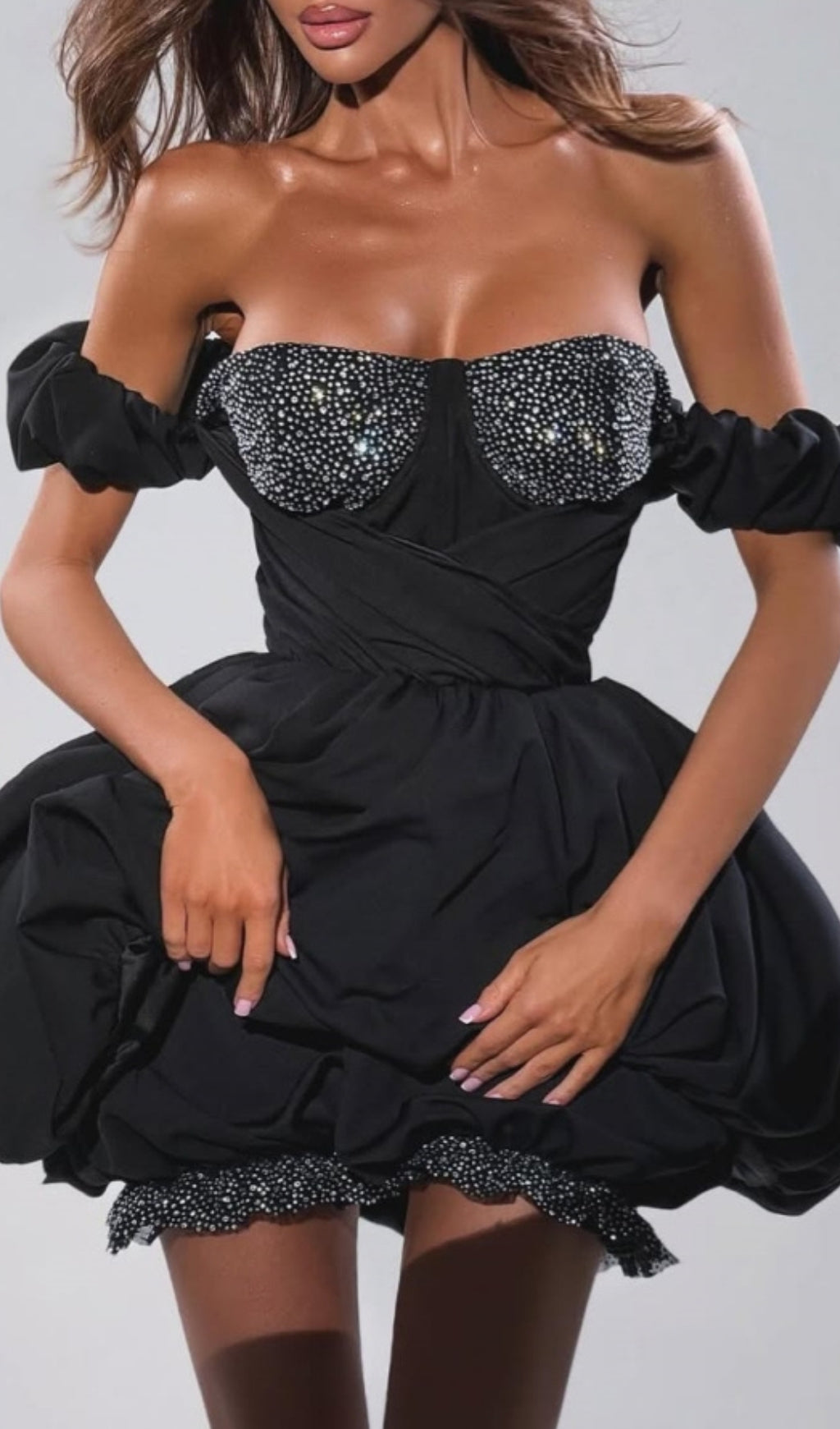 Delise Dazzling Black Rhinestone Off-Shoulder Mini Dress