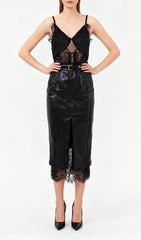 Ilta Black Lace & Vegan Leather Midi Dress