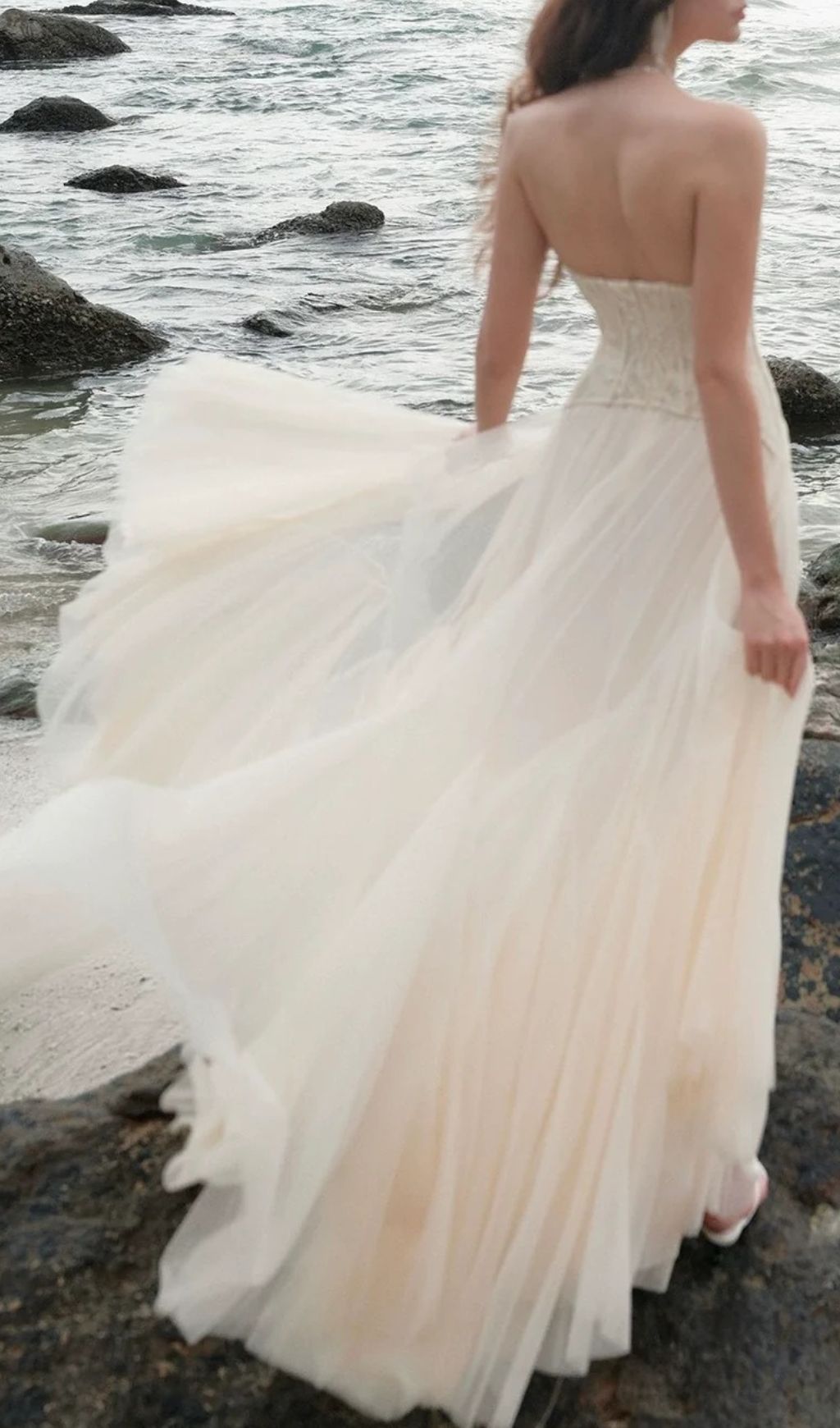 Finja Ethereal Apricot Strapless Corset Mesh Maxi Dress