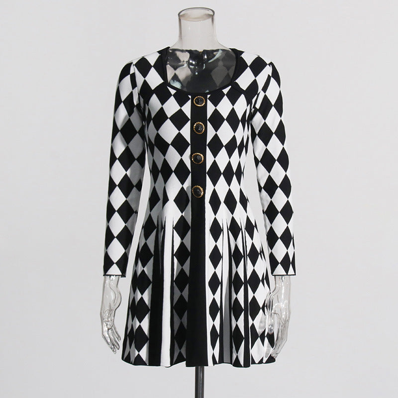 Cissy Harlequin Chic Knit Button Mini Dress