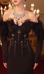Glamorous Chaya Black Feather-Trim Off-Shoulder Embellished Maxi Gown