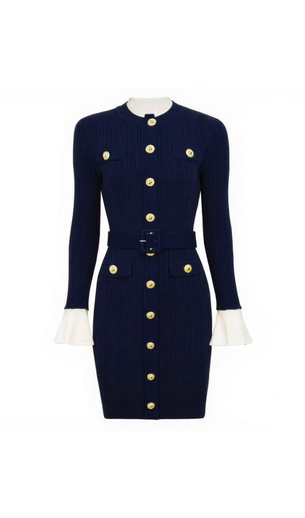 Chic Heather Knit Mini Dress with Gold Buttons & Belt