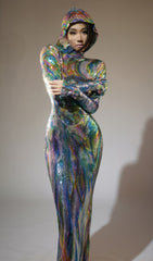 Dazzling Holographic Glitter Ombre Hooded Maxi Dress