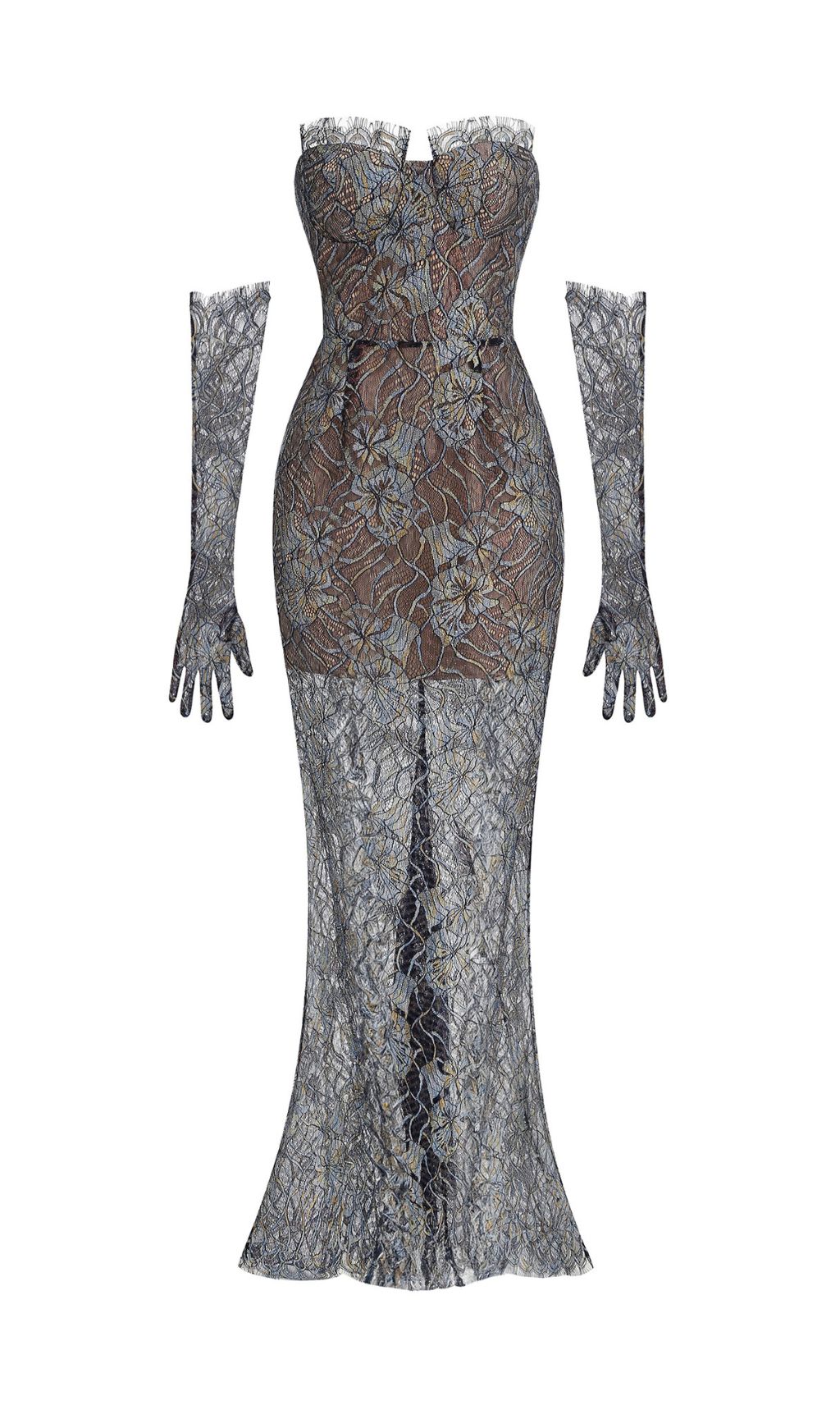 Javion Enchanting Strapless Floral Lace Gown with Opera Gloves