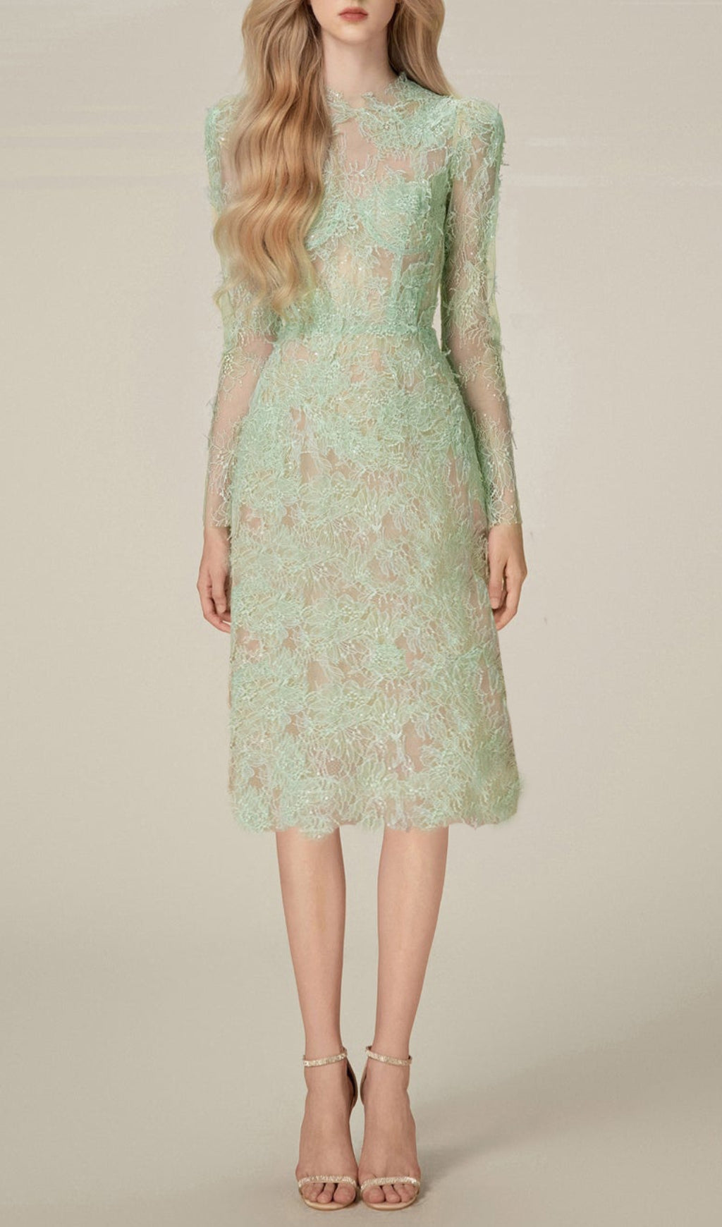 Avril Dazzling Mint Green Sequin Lace Midi Dress