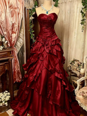 Vestido de fiesta rojo vino con escote en forma de corazón, capas de tafetán, largo hasta el suelo 