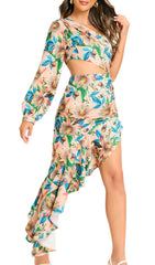 Javen Tropical Floral One-Shoulder Cutout High-Low Dress