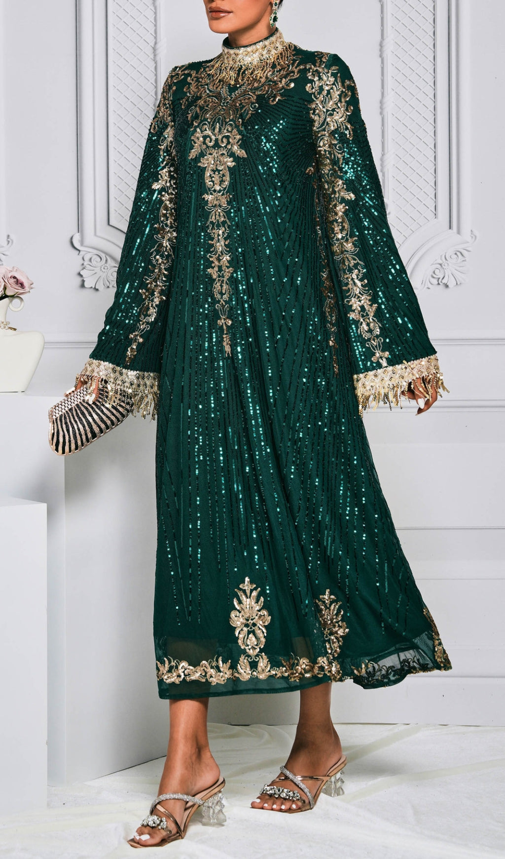 Crispina Emerald Green Sequin & Gold Embellished Long Sleeve Midi Dress