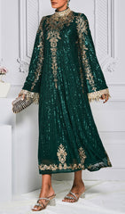Crispina Emerald Green Sequin & Gold Embellished Long Sleeve Midi Dress