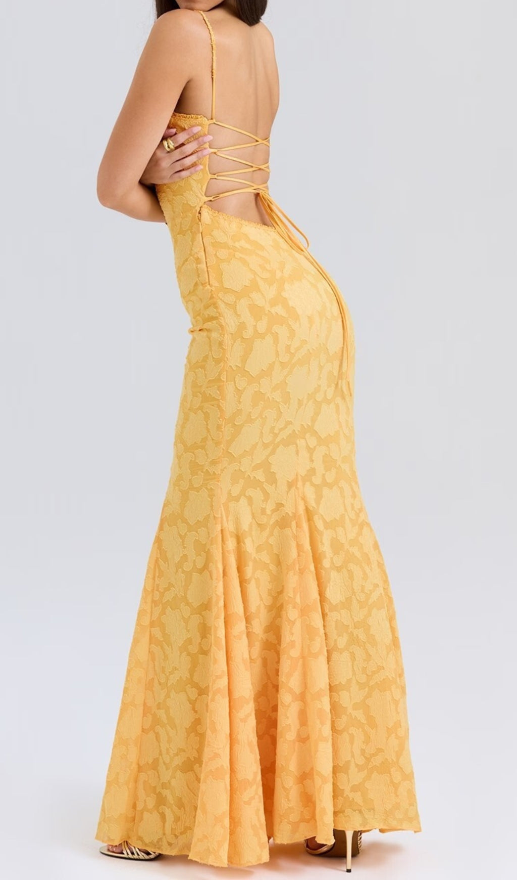 Cili Golden Bloom Textured Fishtail Maxi Dress