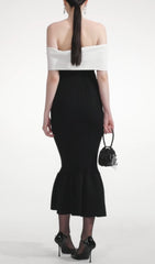 Brial Elegant Black Off-Shoulder Ribbed Fluted Midi Dress with Rhinestone Bow