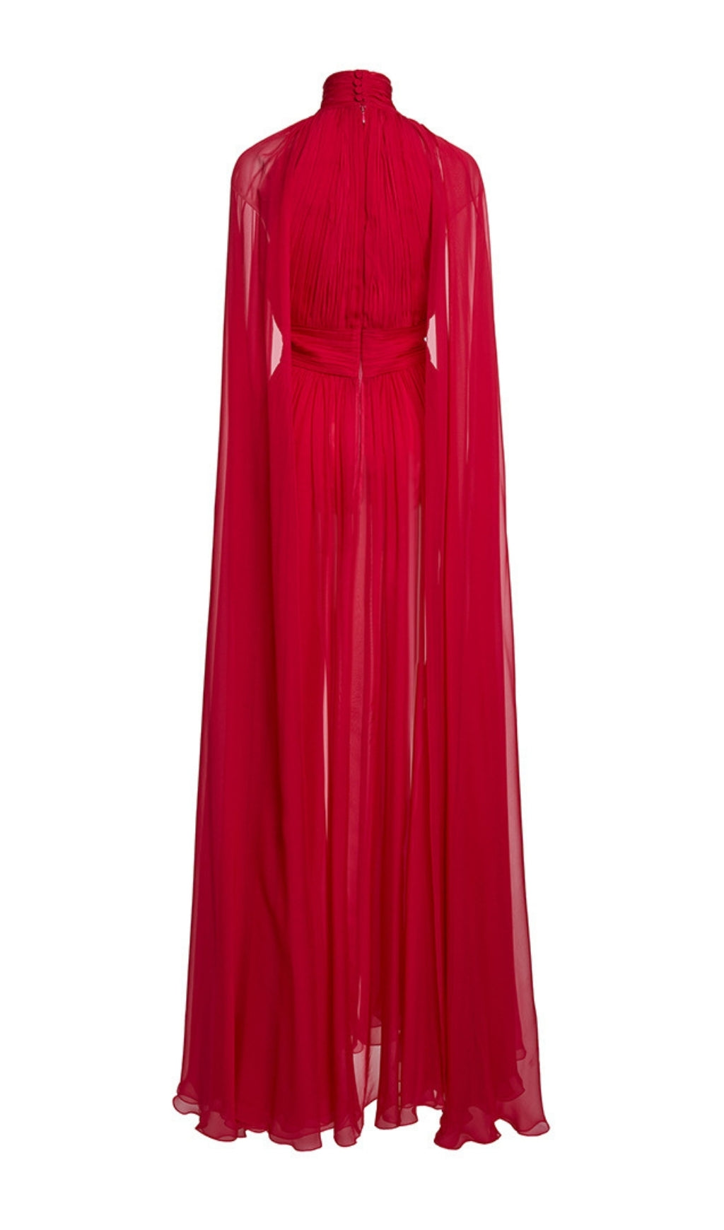 Françoise Glamorous Red Pleated Maxi Gown with Flowing Cape