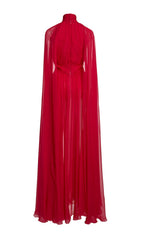 Françoise Glamorous Red Pleated Maxi Gown with Flowing Cape