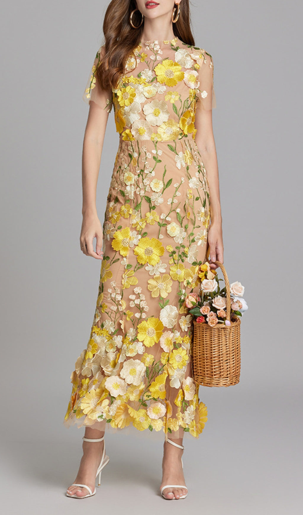 Elegant Yellow Floral Embroidered Sheer Mesh Fishtail Midi Dress