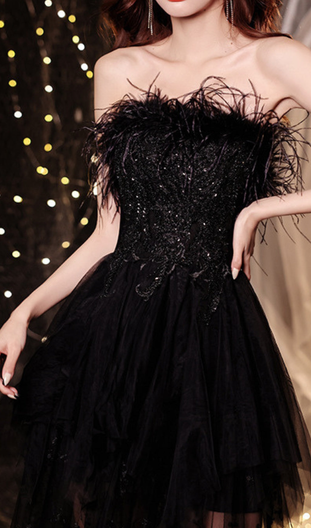 Chiyemi Luxe Black Feather & Sequin Strapless Mesh Maxi Dress