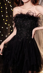Chiyemi Luxe Black Feather & Sequin Strapless Mesh Maxi Dress