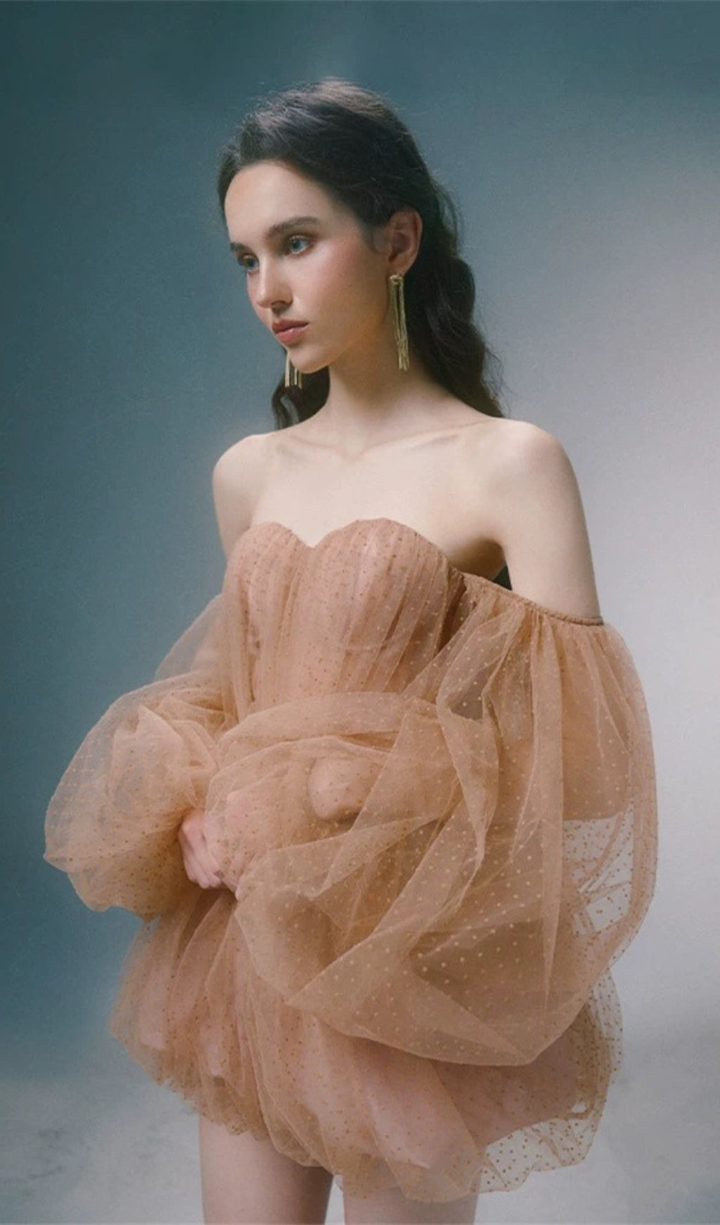 Dolly Dream Khaki Off-Shoulder Mesh Mini Dress